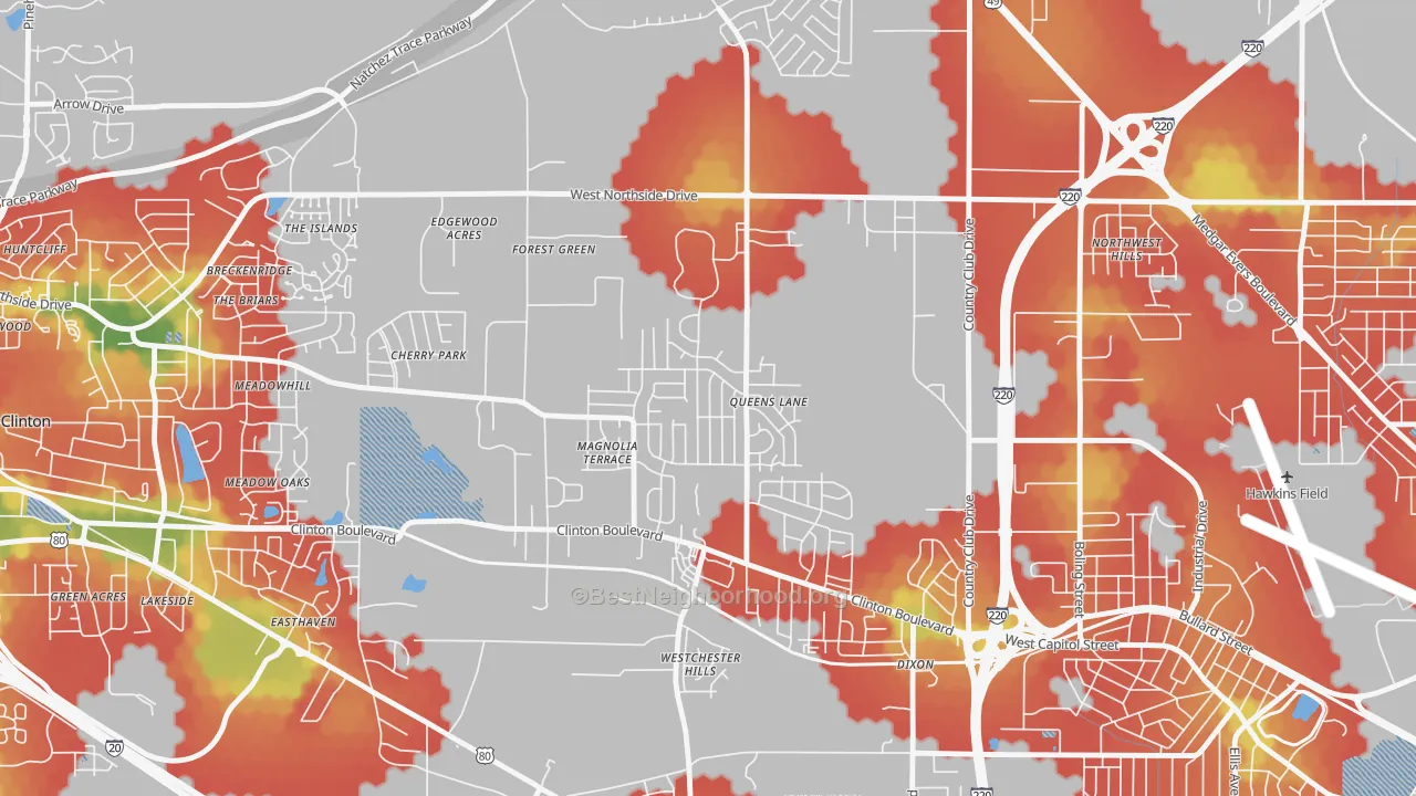 Walk Grade map of Queens-Magnolia Terrace, Jackson, MS, walkable areas in green and car-dependent areas in red