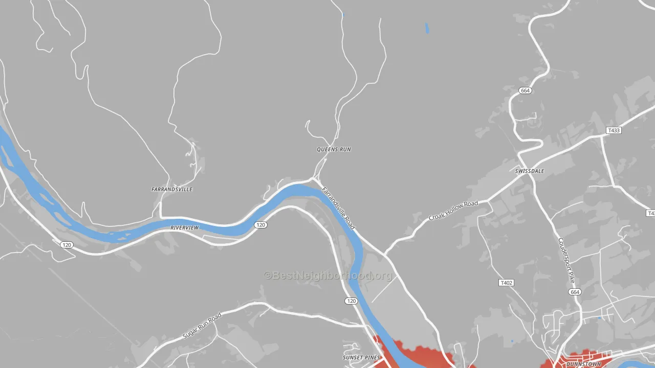 Walk Grade map of Queens Run, PA, walkable areas in green and car-dependent areas in red