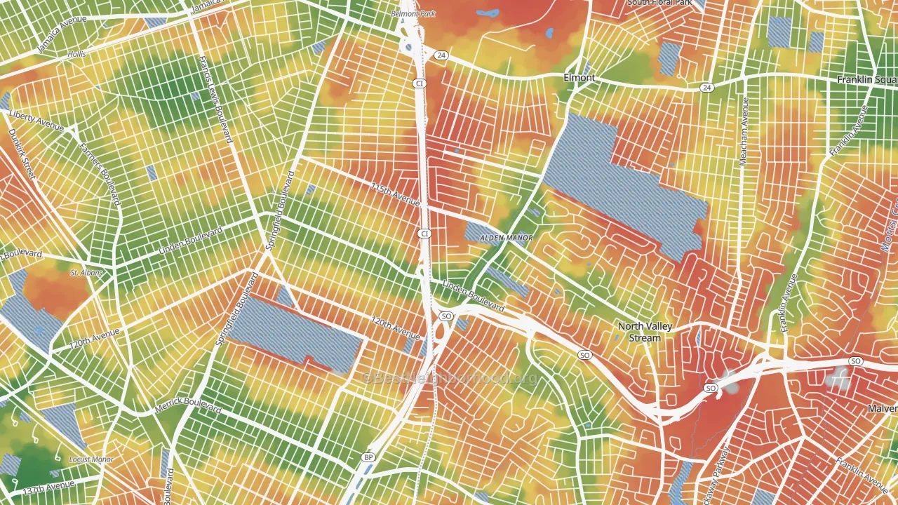 Walk Grade map of Queens Village, NY, walkable areas in green and car-dependent areas in red