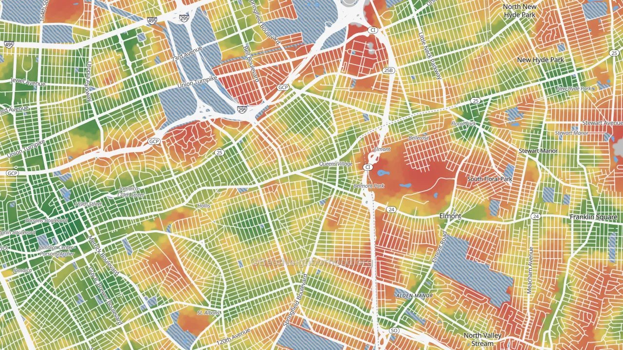 Walk Grade map of Queens Village, Queens, NY, walkable areas in green and car-dependent areas in red