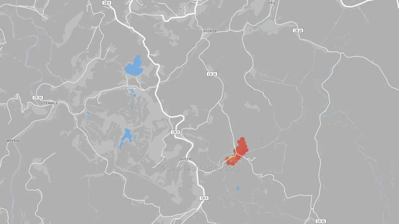 Walk Grade map of Queens, WV, walkable areas in green and car-dependent areas in red