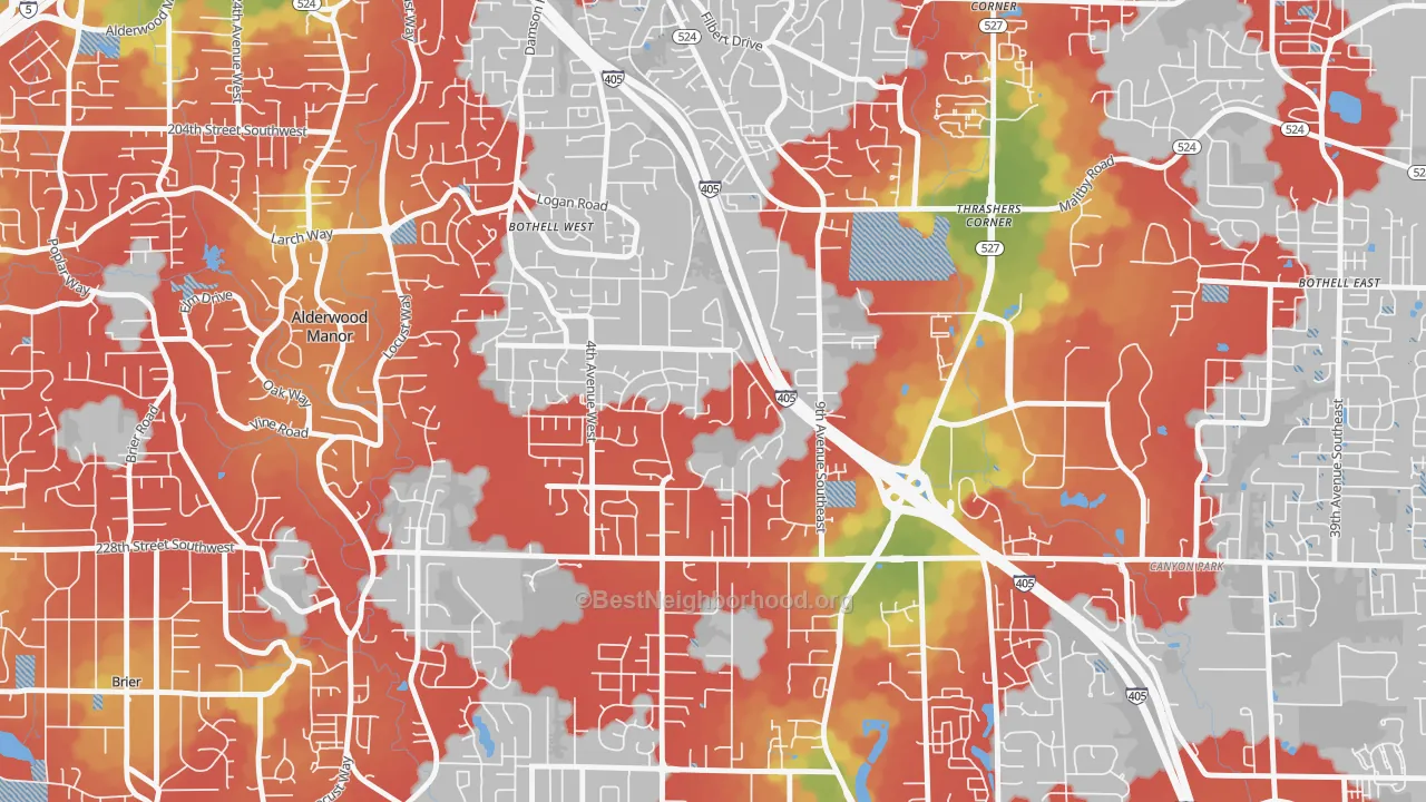 Walk Grade map of Queensboro-Brentwood-Crystal Spgs, Bothell, WA, walkable areas in green and car-dependent areas in red