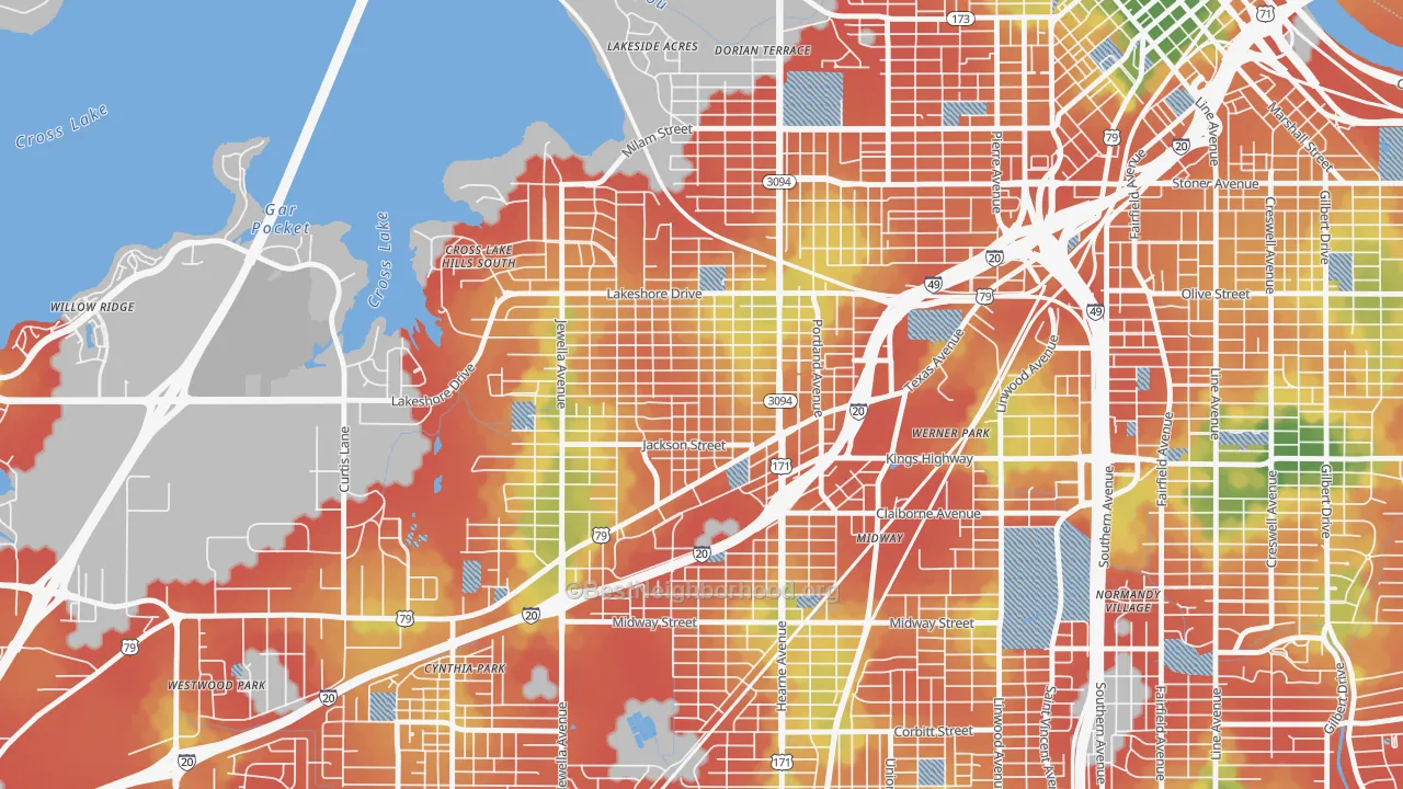 Walk Grade map of Queensborough, Shreveport, LA, walkable areas in green and car-dependent areas in red