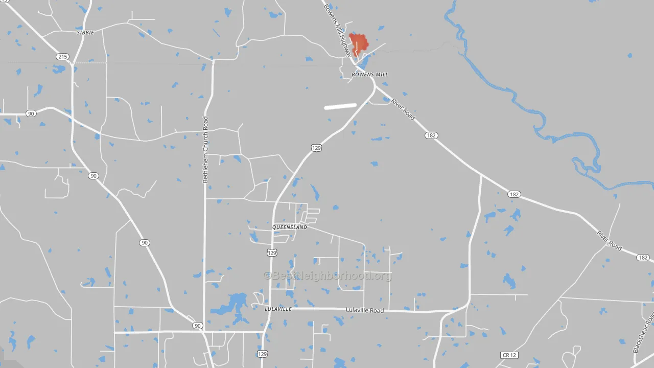 Walk Grade map of Queensland, GA, walkable areas in green and car-dependent areas in red