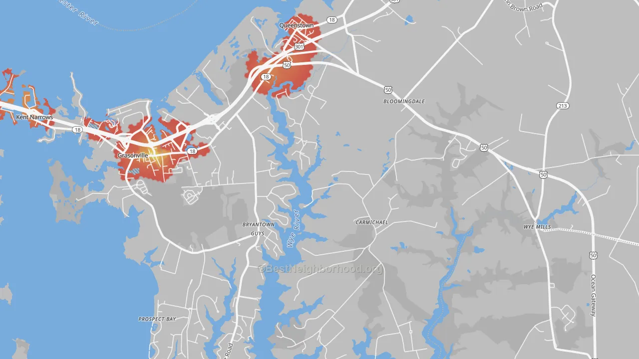 Walk Grade map of Queenstown, MD, walkable areas in green and car-dependent areas in red