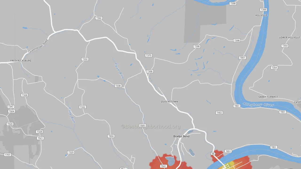 Walk Grade map of Queenstown, PA, walkable areas in green and car-dependent areas in red