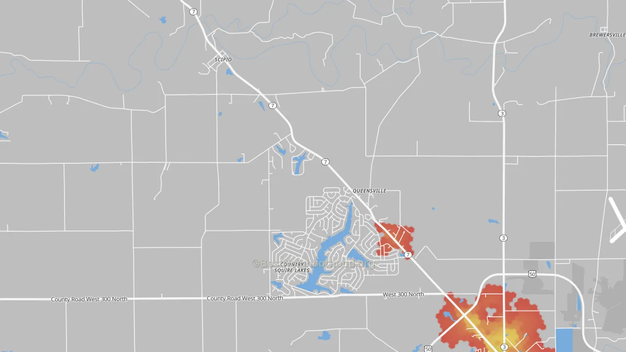 Walk Grade map of Queensville, IN, walkable areas in green and car-dependent areas in red