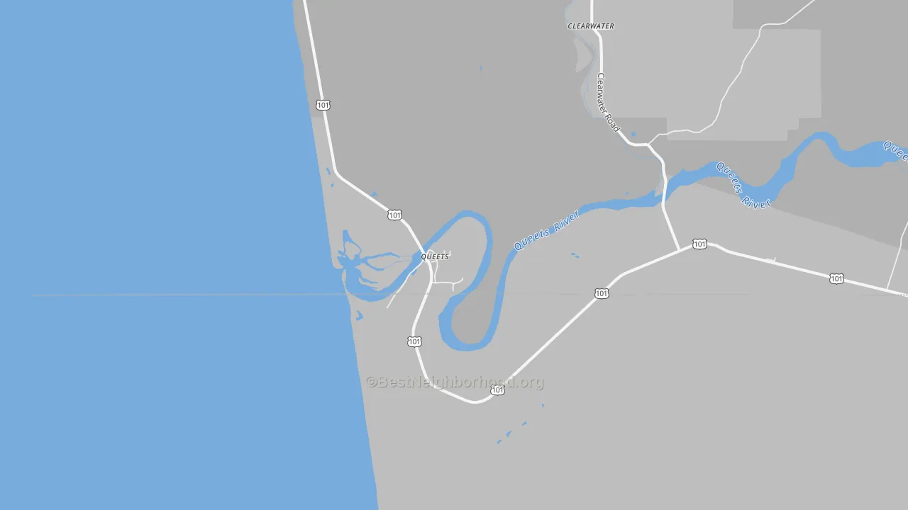 Walk Grade map of Queets, WA, walkable areas in green and car-dependent areas in red