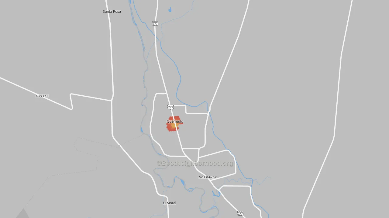 Walk Grade map of Quemado, TX, walkable areas in green and car-dependent areas in red