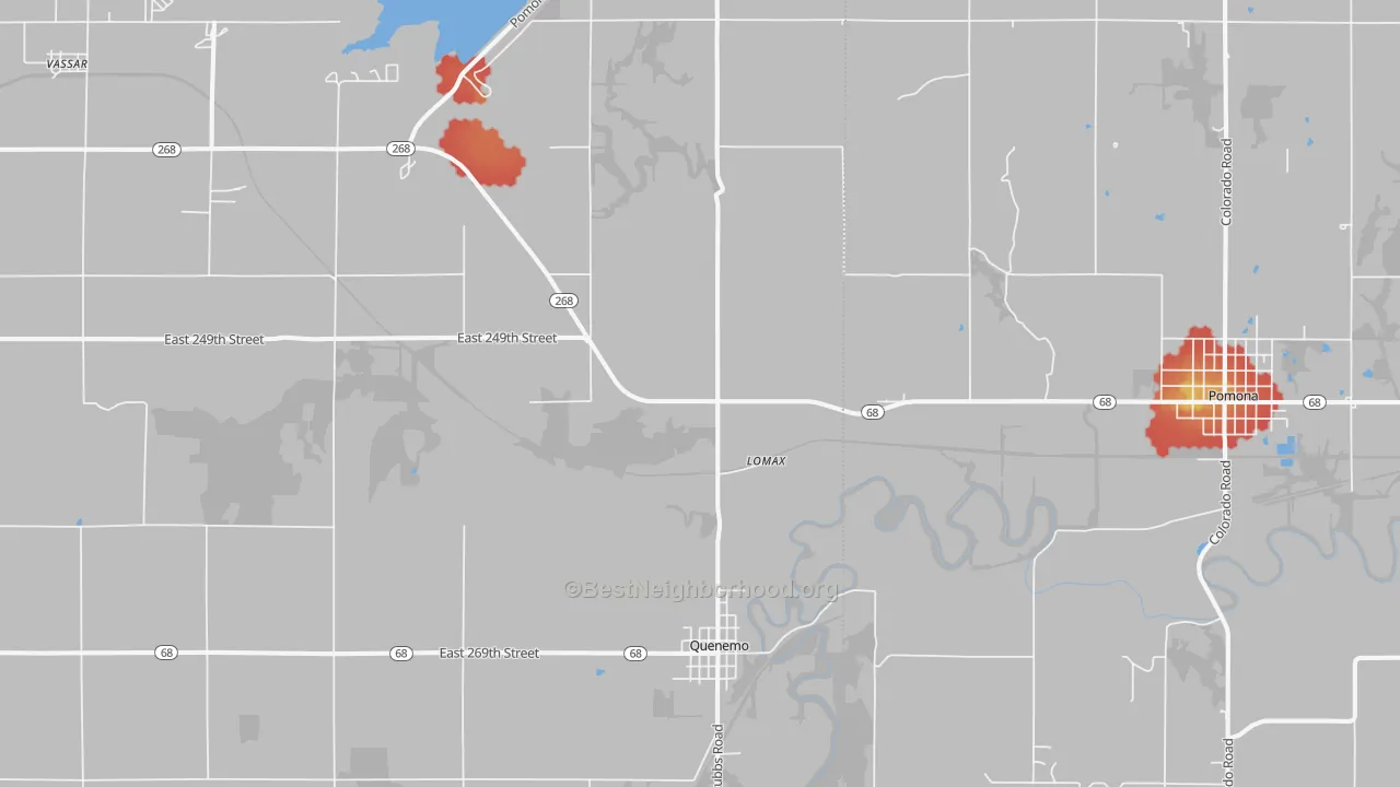Walk Grade map of Quenemo, KS, walkable areas in green and car-dependent areas in red