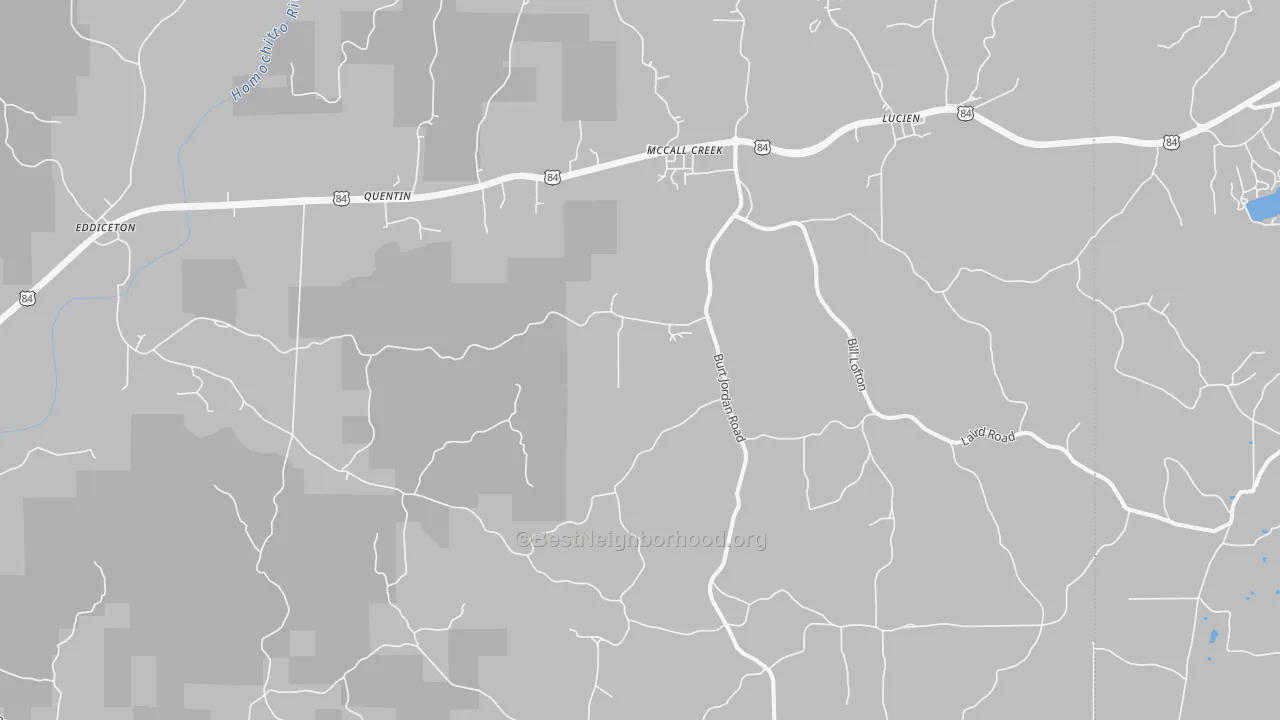 Walk Grade map of Quentin, MS, walkable areas in green and car-dependent areas in red