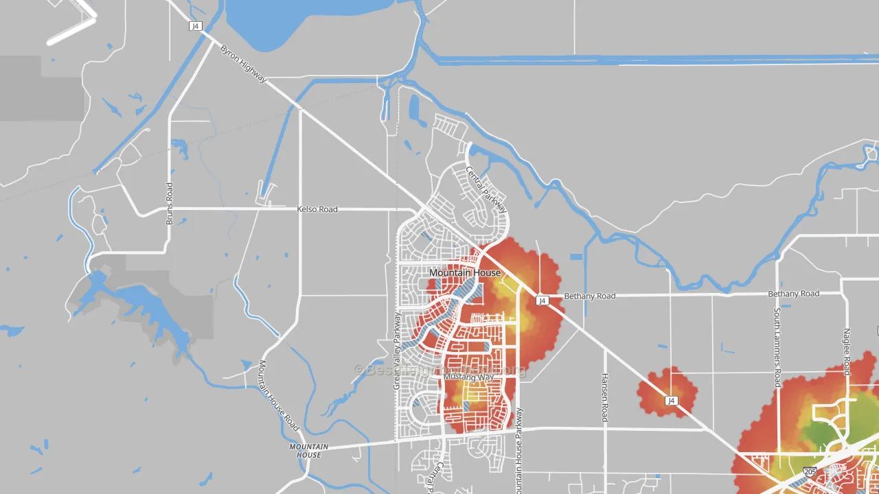 Walk Grade map of Questa, Mountain House, CA, walkable areas in green and car-dependent areas in red