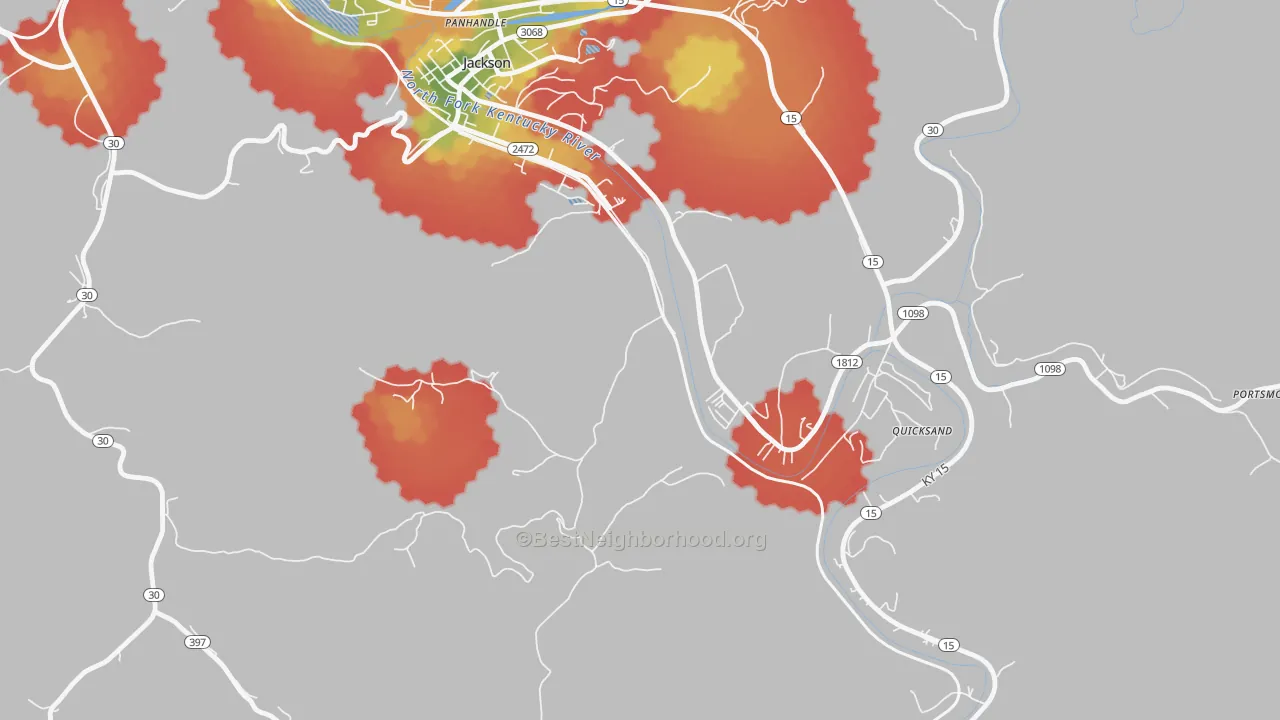 Walk Grade map of Quicksand, KY, walkable areas in green and car-dependent areas in red