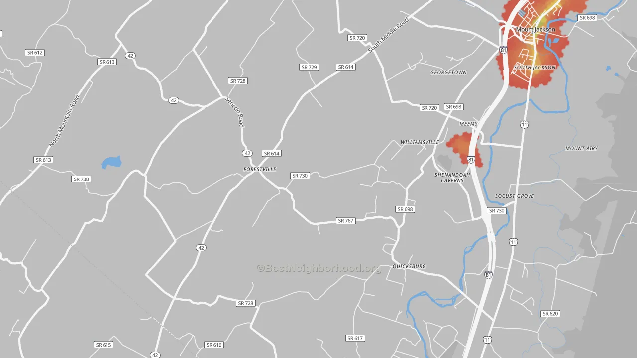 Walk Grade map of Quicksburg, VA, walkable areas in green and car-dependent areas in red