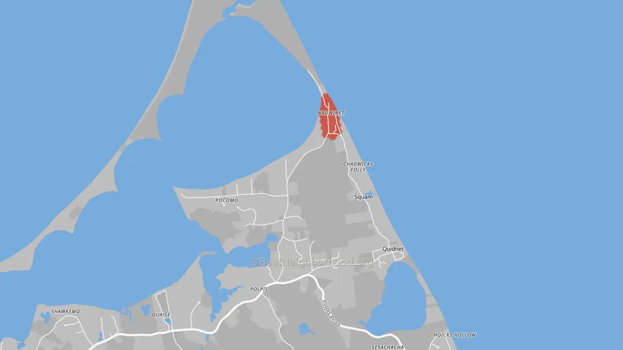 Walk Grade map of Quidnet, MA, walkable areas in green and car-dependent areas in red