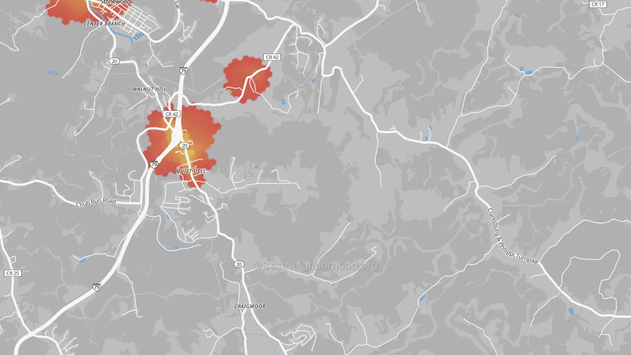 Walk Grade map of Quiet Dell, WV, walkable areas in green and car-dependent areas in red