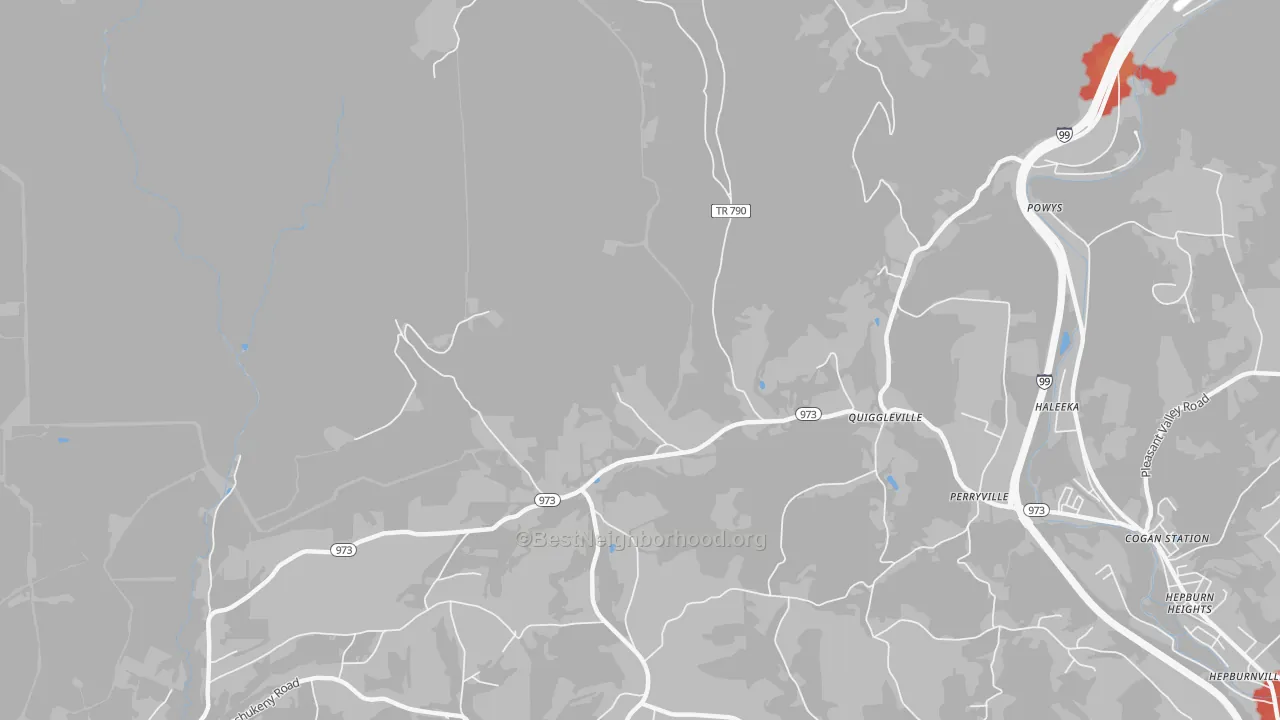 Walk Grade map of Quiggleville, PA, walkable areas in green and car-dependent areas in red