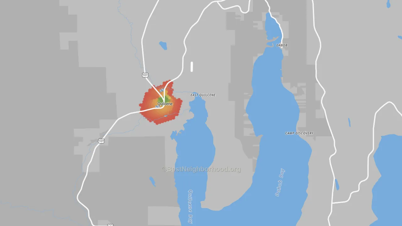 Walk Grade map of Quilcene, WA, walkable areas in green and car-dependent areas in red