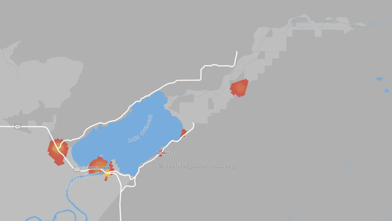 Walk Grade map of Quinault, WA, walkable areas in green and car-dependent areas in red