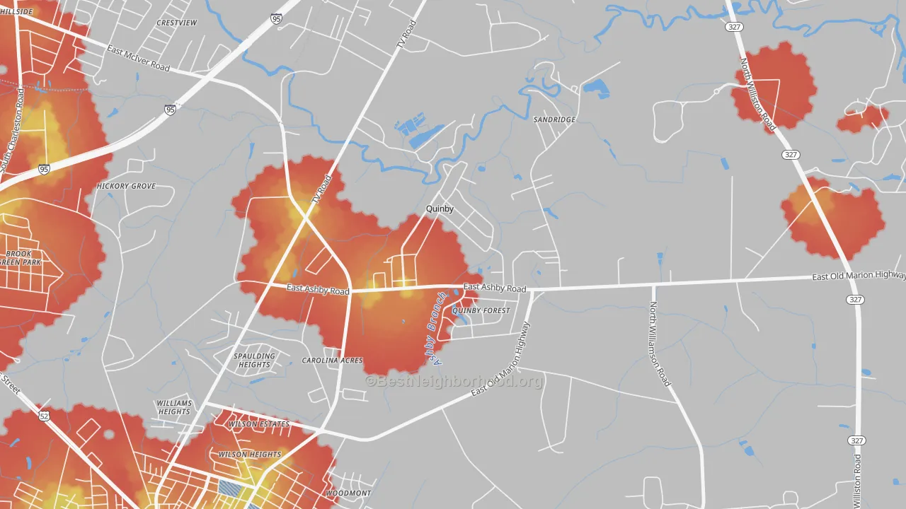 Walk Grade map of Quinby, SC, walkable areas in green and car-dependent areas in red