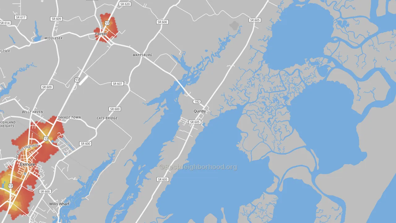 Walk Grade map of Quinby, VA, walkable areas in green and car-dependent areas in red