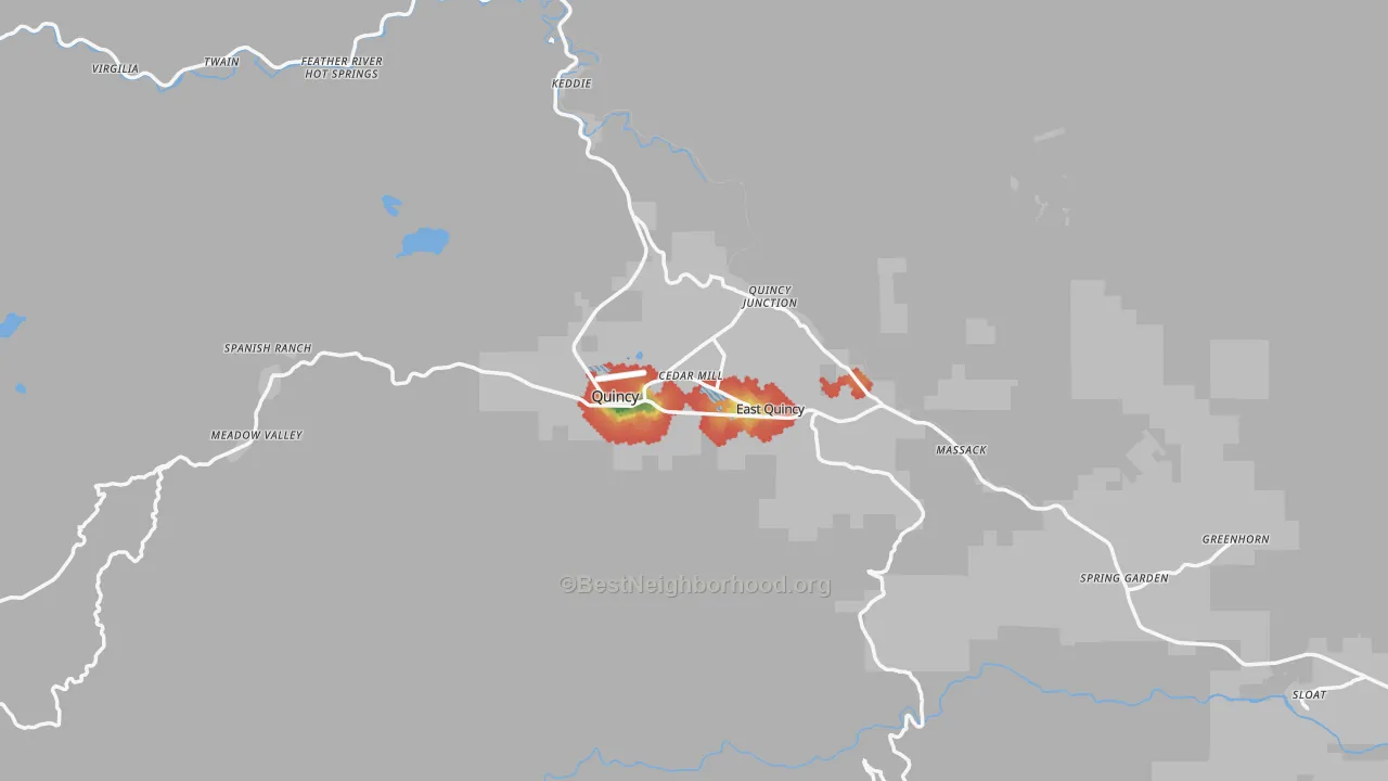 Walk Grade map of Quincy, CA, walkable areas in green and car-dependent areas in red
