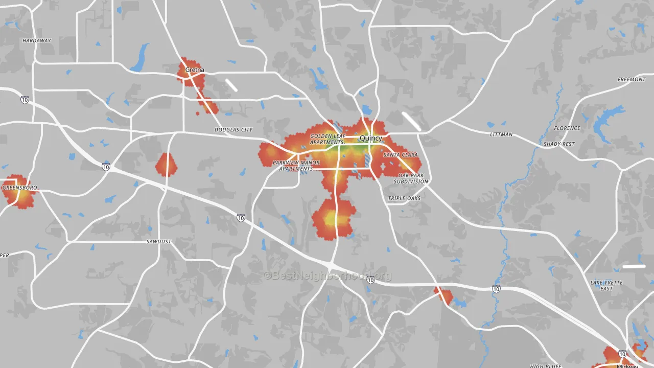 Walk Grade map of Quincy, FL, walkable areas in green and car-dependent areas in red
