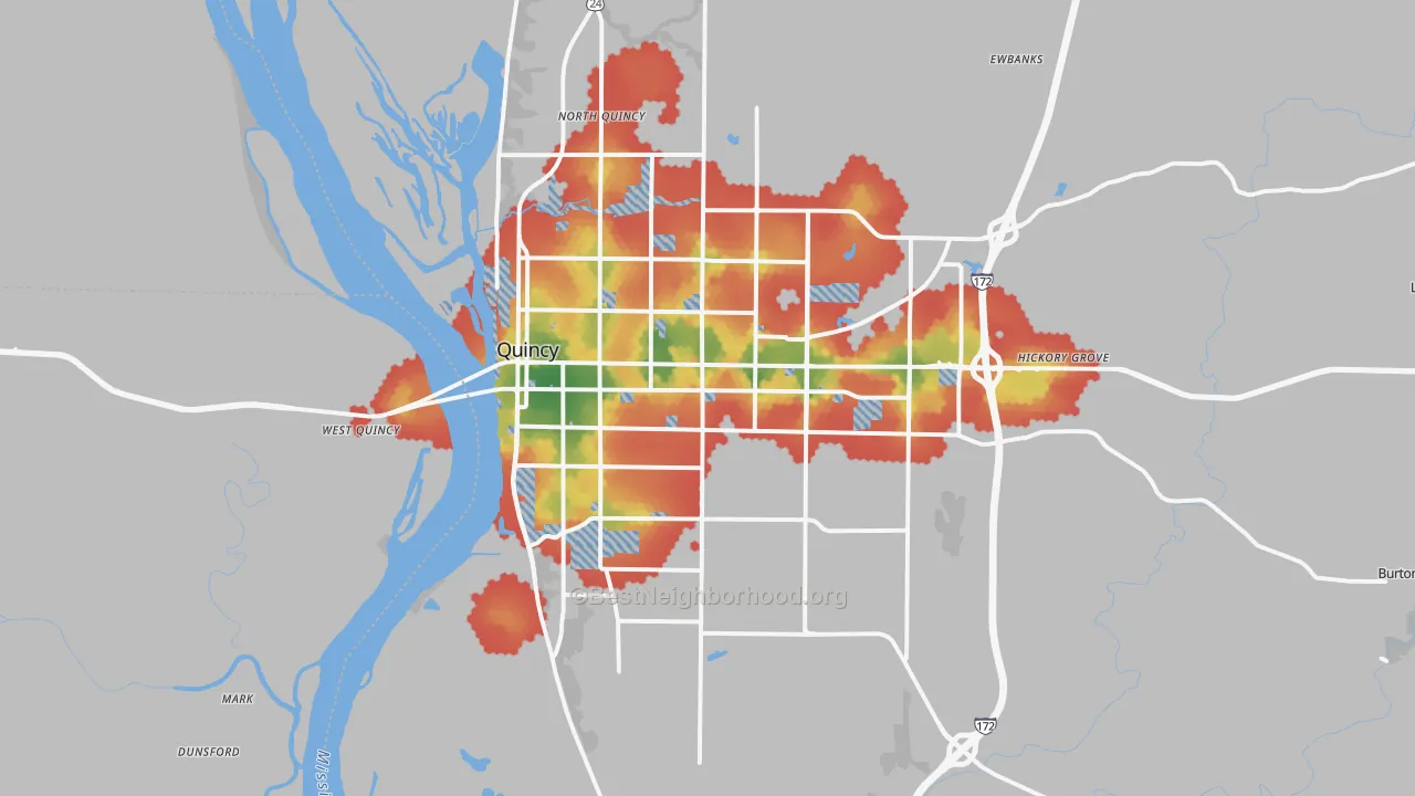 Walk Grade map of Quincy, IL, walkable areas in green and car-dependent areas in red