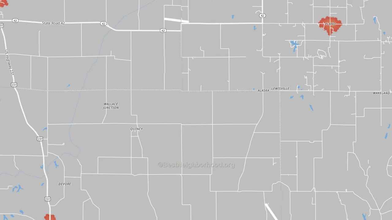 Walk Grade map of Quincy, IN, walkable areas in green and car-dependent areas in red
