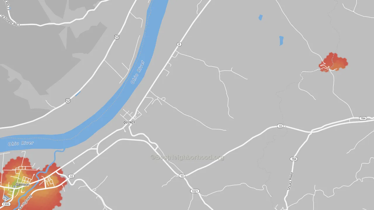 Walk Grade map of Quincy, KY, walkable areas in green and car-dependent areas in red