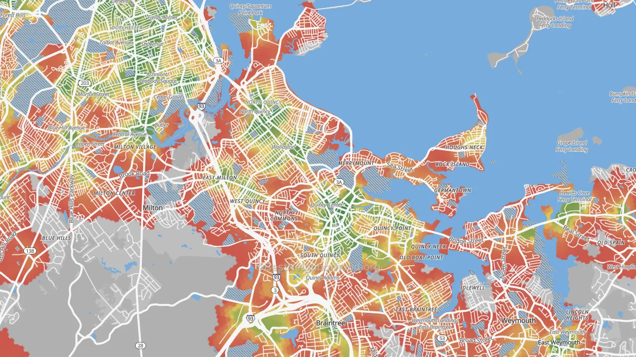 Walk Grade map of Quincy, MA, walkable areas in green and car-dependent areas in red