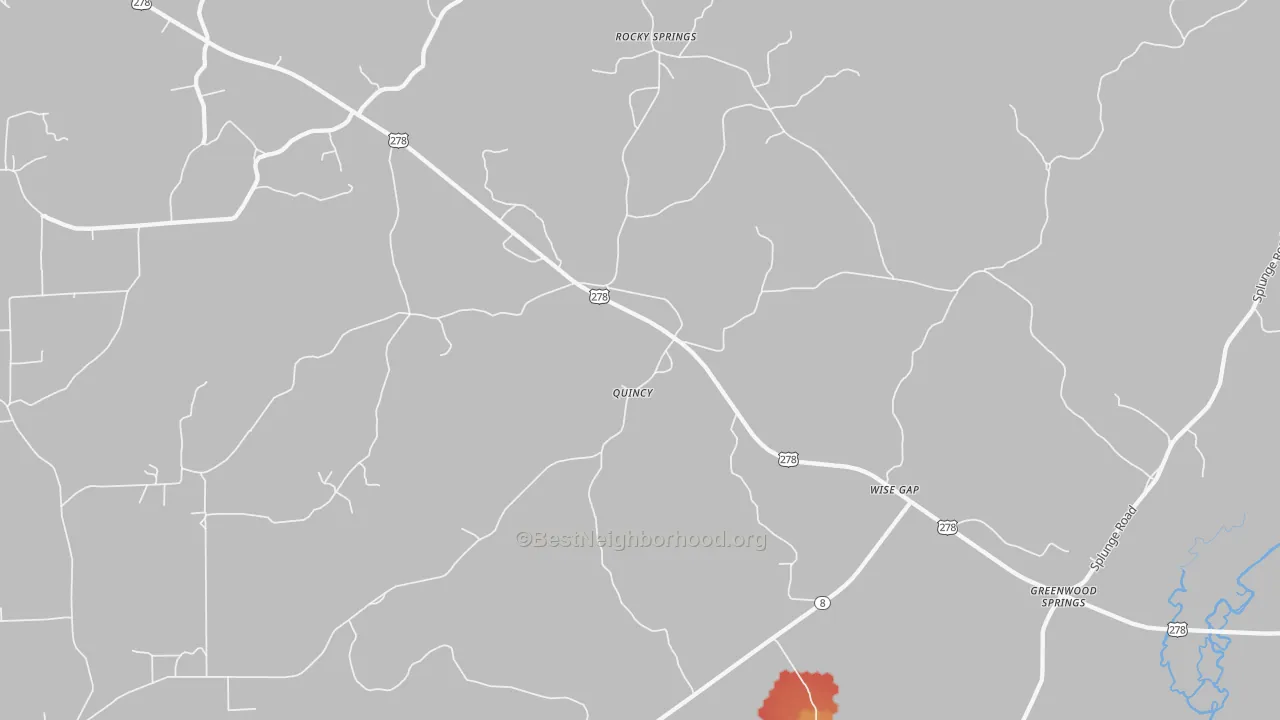 Walk Grade map of Quincy, MS, walkable areas in green and car-dependent areas in red