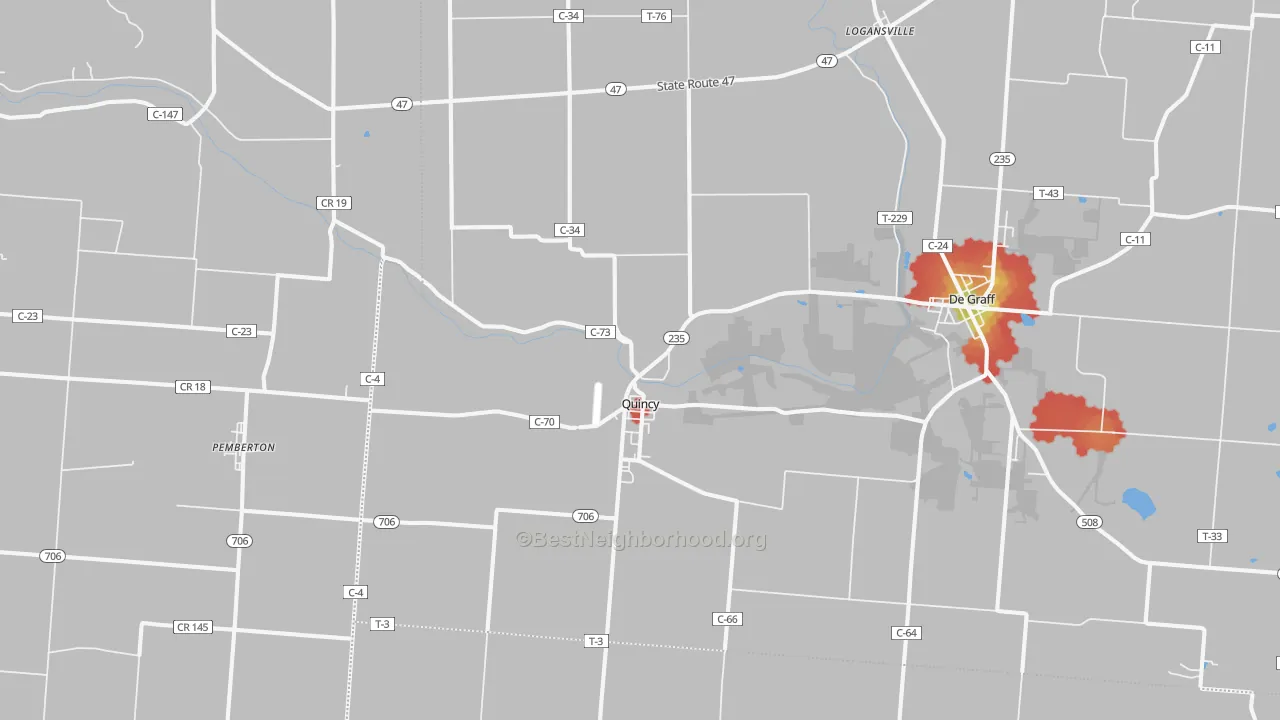 Walk Grade map of Quincy, OH, walkable areas in green and car-dependent areas in red