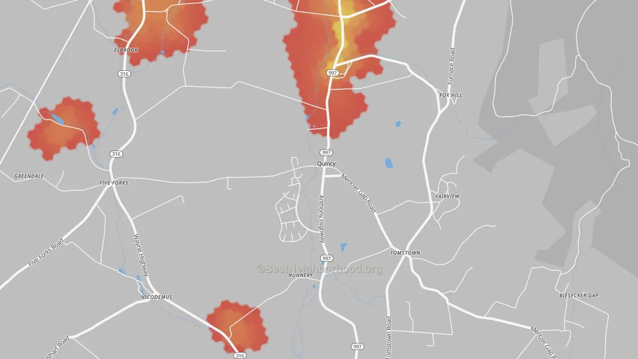 Walk Grade map of Quincy, PA, walkable areas in green and car-dependent areas in red