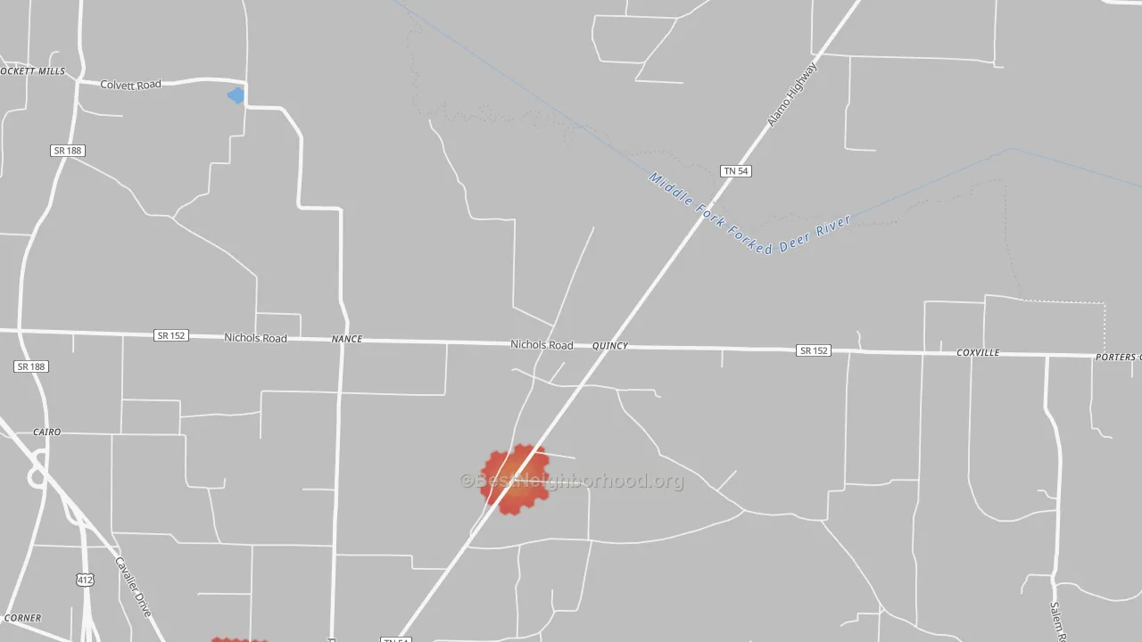 Walk Grade map of Quincy, TN, walkable areas in green and car-dependent areas in red
