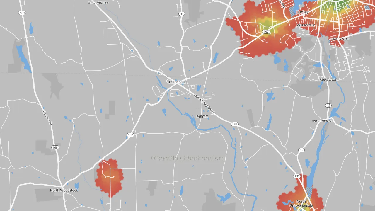 Walk Grade map of Quinebaug, CT, walkable areas in green and car-dependent areas in red
