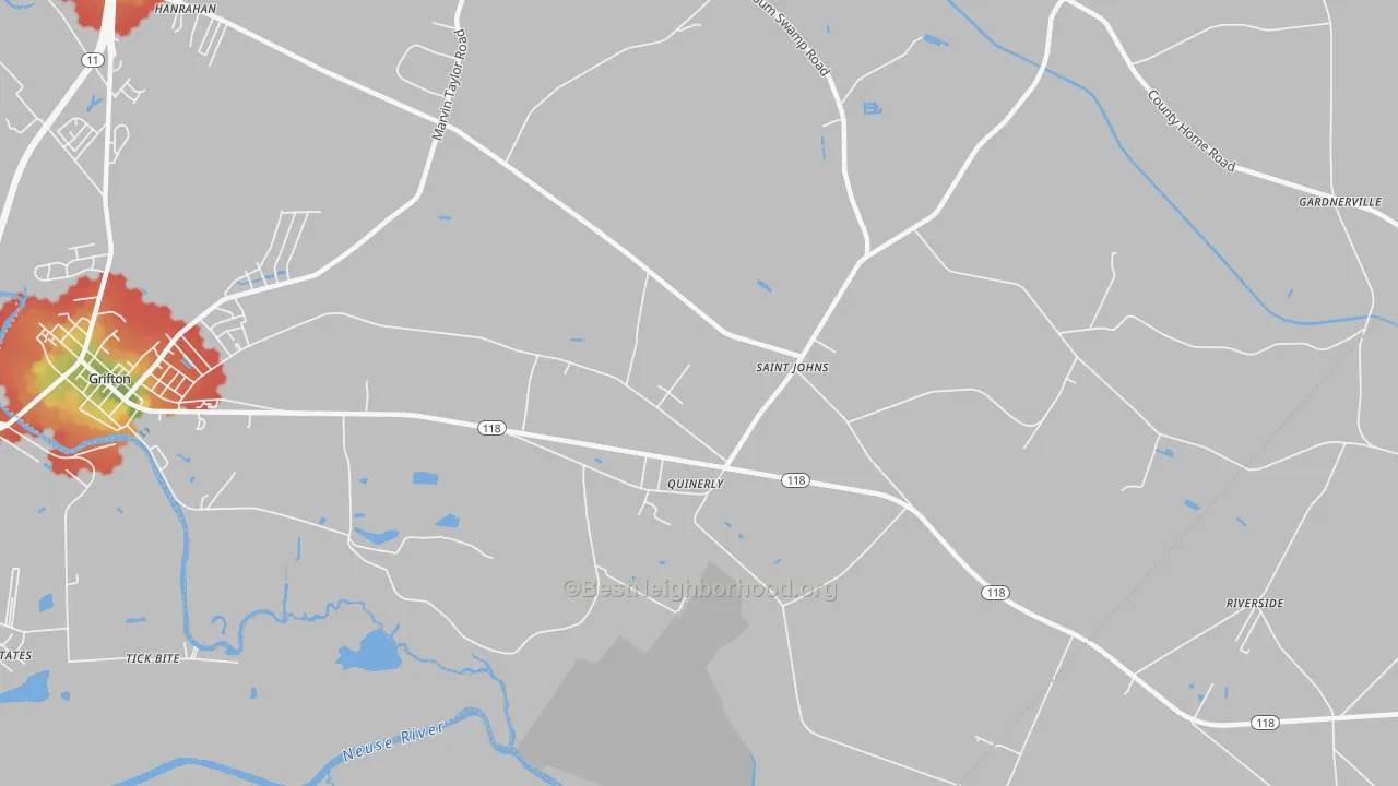 Walk Grade map of Quinerly, NC, walkable areas in green and car-dependent areas in red