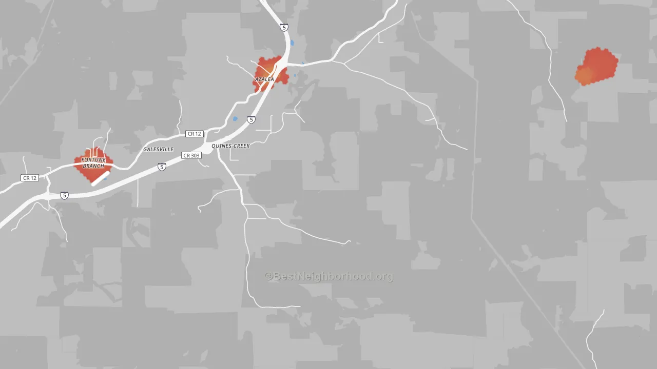 Walk Grade map of Quines Creek, OR, walkable areas in green and car-dependent areas in red