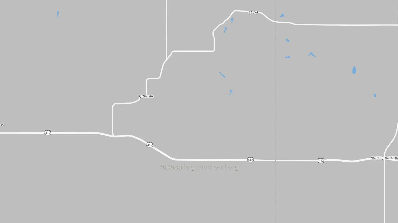 Walk Grade map of Quinlan, OK, walkable areas in green and car-dependent areas in red