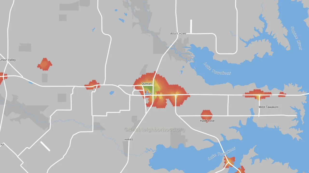 Walk Grade map of Quinlan, TX, walkable areas in green and car-dependent areas in red