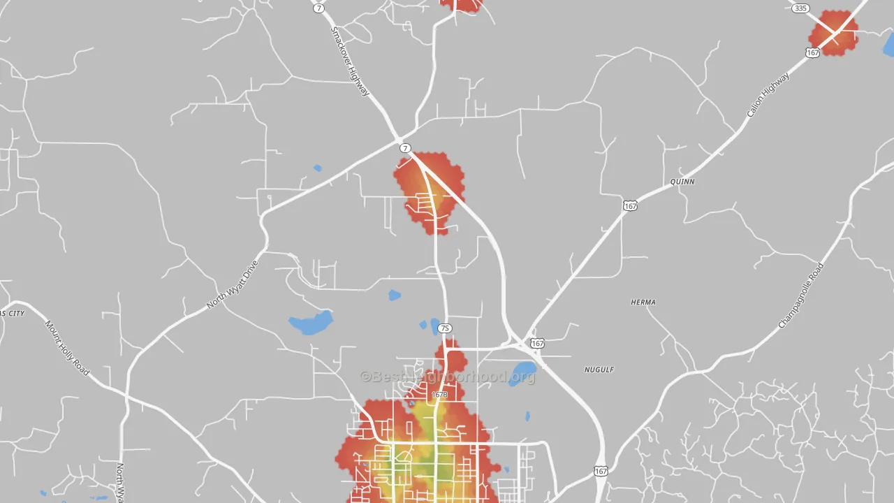 Walk Grade map of Quinn, AR, walkable areas in green and car-dependent areas in red