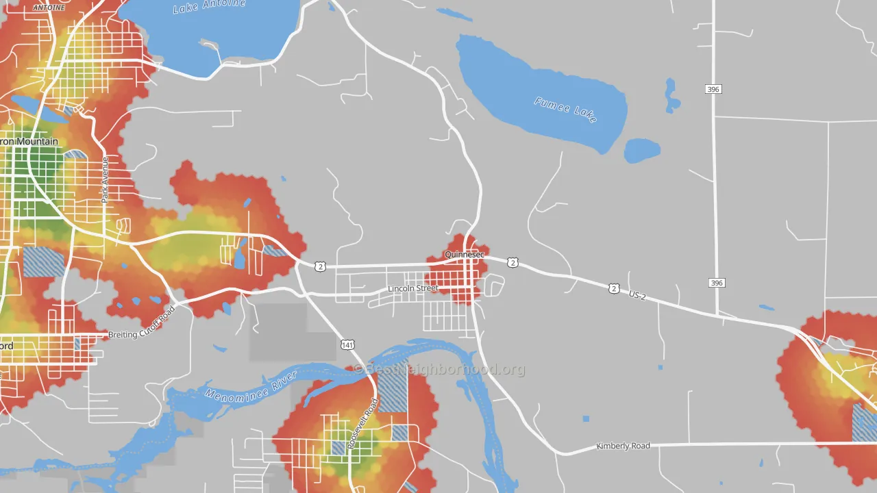 Walk Grade map of Quinnesec, MI, walkable areas in green and car-dependent areas in red