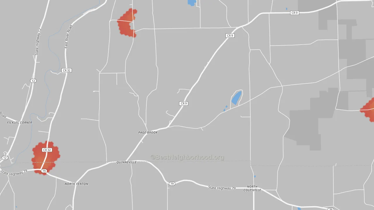 Walk Grade map of Quinneville, NY, walkable areas in green and car-dependent areas in red
