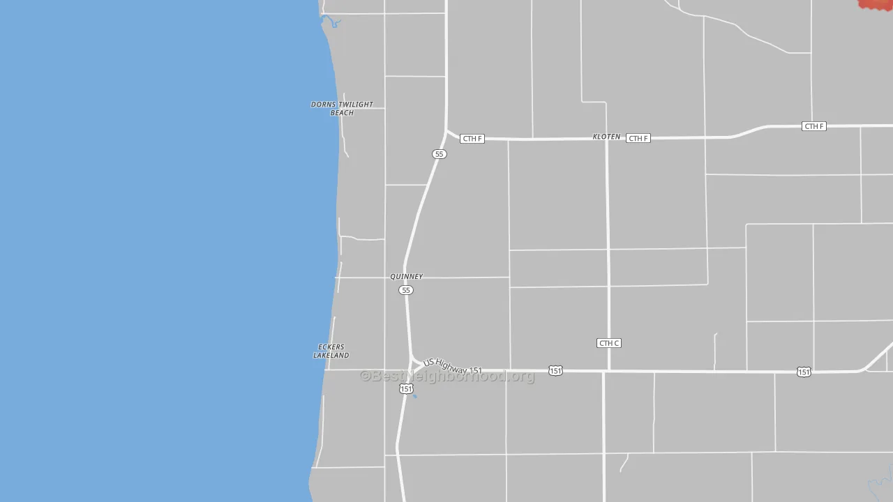 Walk Grade map of Quinney, WI, walkable areas in green and car-dependent areas in red