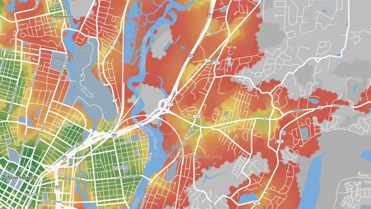 Walk Grade map of Quinnipiac Meadows, New Haven, CT, walkable areas in green and car-dependent areas in red