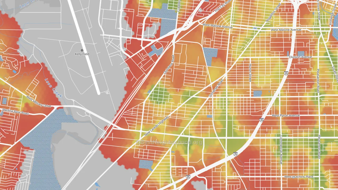 Walk Grade map of Quintana Community, San Antonio, TX, walkable areas in green and car-dependent areas in red
