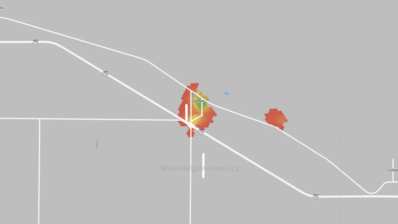 Walk Grade map of Quinter, KS, walkable areas in green and car-dependent areas in red
