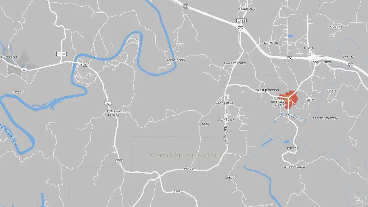 Walk Grade map of Quinton, AL, walkable areas in green and car-dependent areas in red