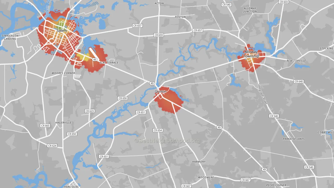 Walk Grade map of Quinton, NJ, walkable areas in green and car-dependent areas in red