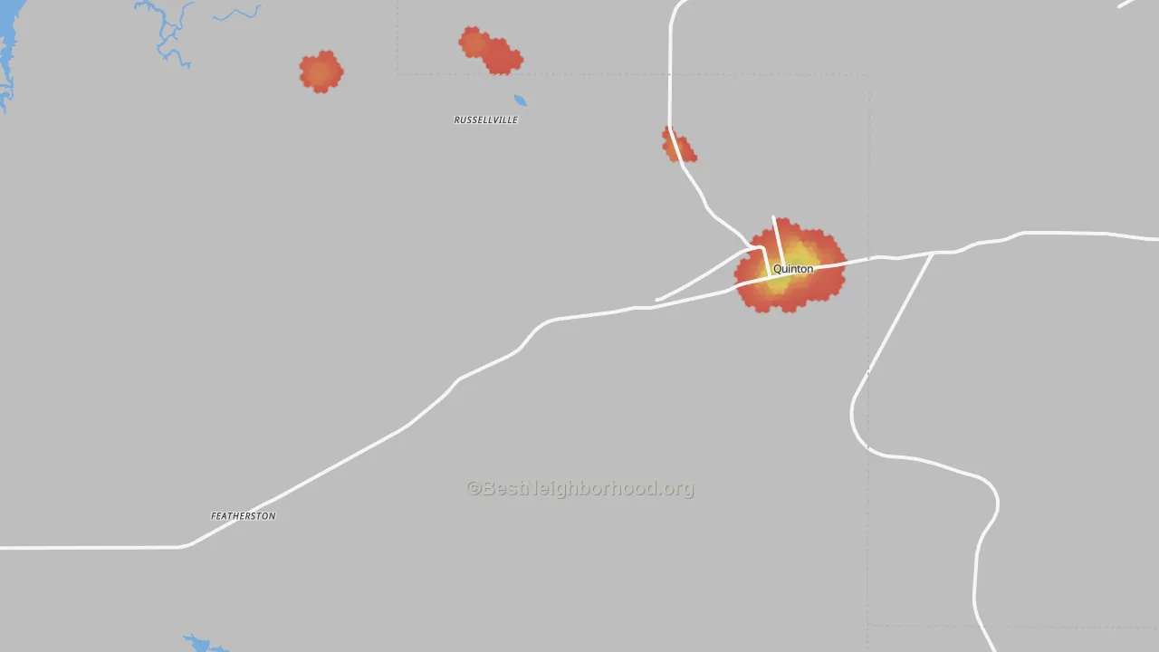 Walk Grade map of Quinton, OK, walkable areas in green and car-dependent areas in red